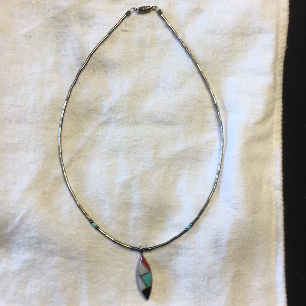 Marquise with turquoise pendant silver necklace.